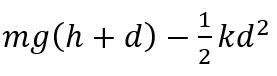 A vertical spring with force constant k is fixed on a table. A ball of mass m at a height h above the free upper end of the spring falls vertically on the spring so that the spring is compressed by a distance d. The net work done in the process is