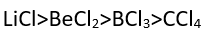 Among LiCl, BeCl2 BCI, and CCl4, the covalent bond character follows the order