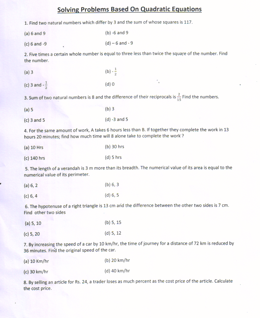 10TH ICSE Class MCQ on Quadratic Equations 2
