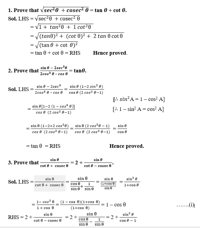 TRIGONOMETRIC IDENTITIES CLASS 10 ICSE